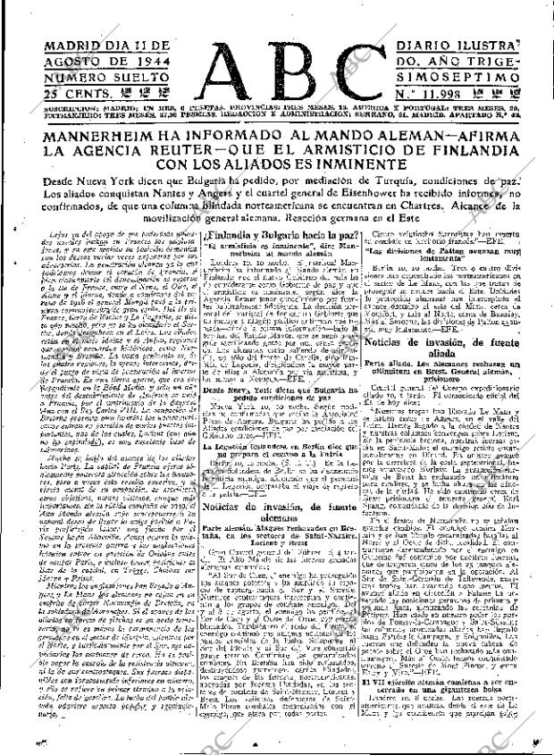 Periodico Abc Madrid 11 08 1944 Portada Archivo Abc