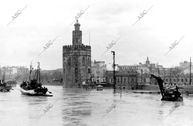 Las aguas rebasan los muelles cercanos a la Torre del Oro