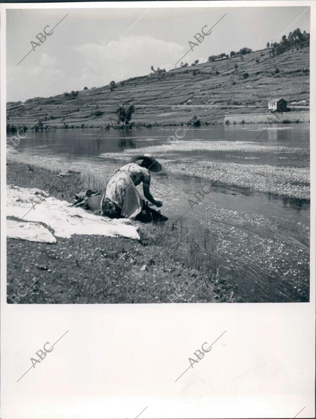Puertomarín (Lugo), 1960 (ca.). Una lavandera a orillas del río Miño