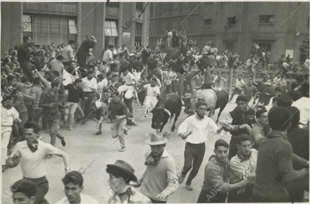 Mozos y astados, en vertiginosa carrera, salen de la calle Estafeta para...