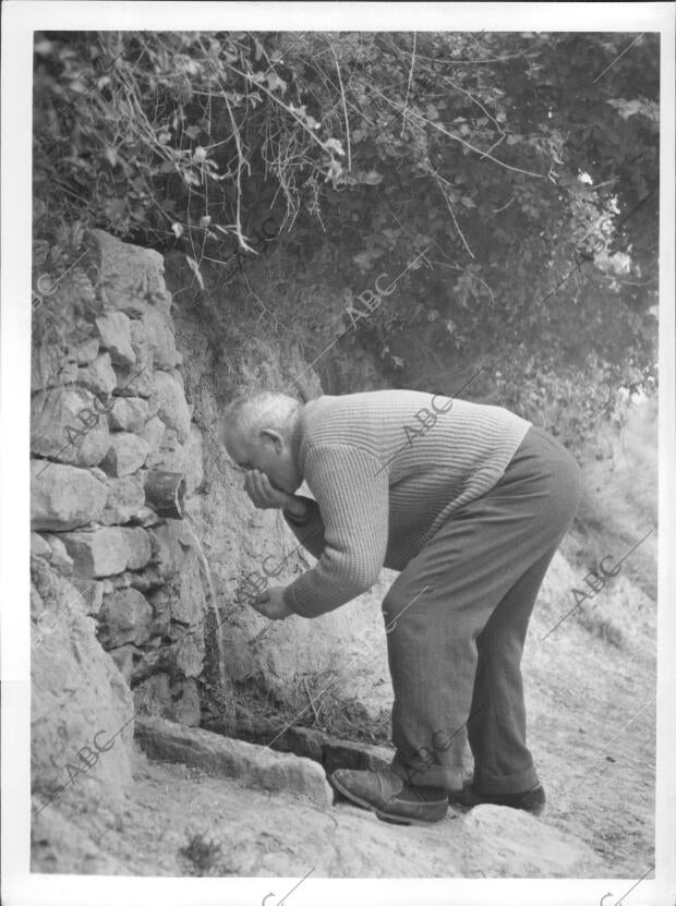 Un hombre bebe en una fuente de puente la Reina