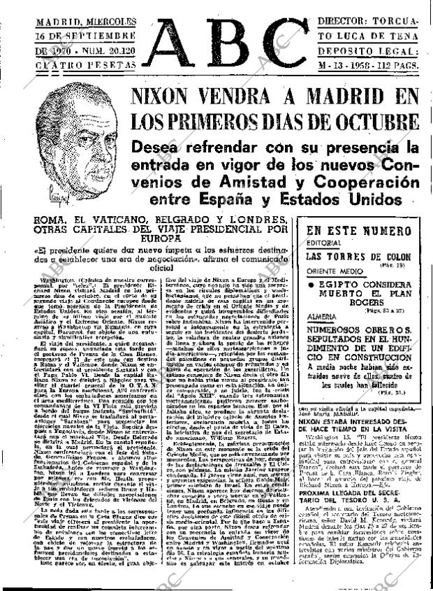 Periódico ABC MADRID 16-09-1970,portada - Archivo ABC