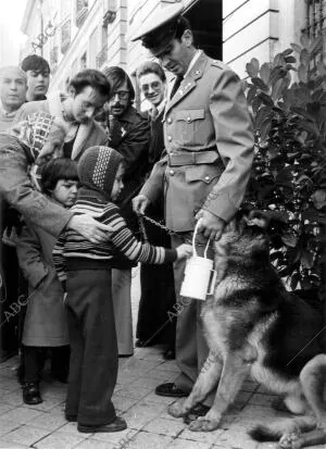 Un niño Depositando su donativo en la hucha de un perro Policía, frente A la...