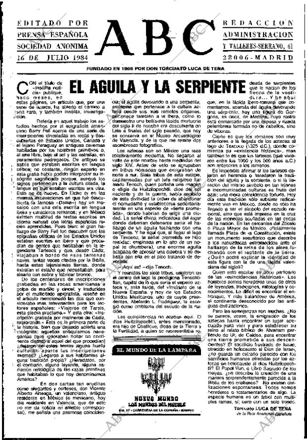 Periódico ABC MADRID 16-07-1984,portada - Archivo ABC