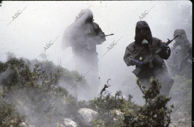 En la imagen, legionarios con uniforme NBQ, armados con fusiles ligeros de...