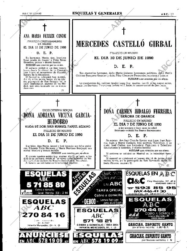 Esquelas Canal 7 Costa Rica Periodico Abc Madrid 12 06 1990 Portada Archivo Abc