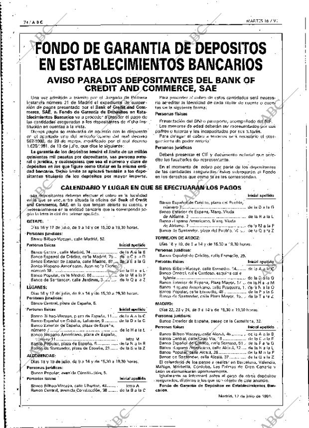 ABC MADRID 16-07-1991 página 74