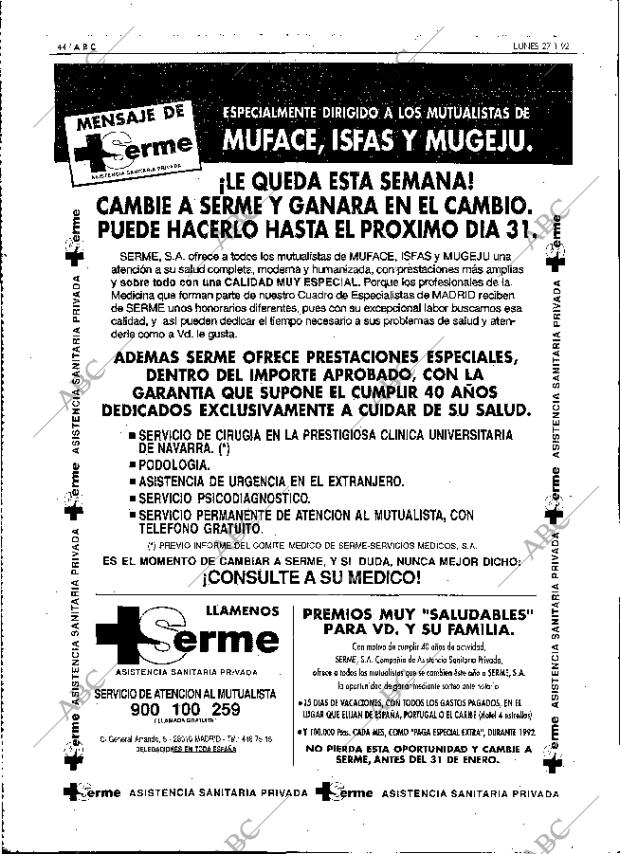 ABC MADRID 27-01-1992 página 44