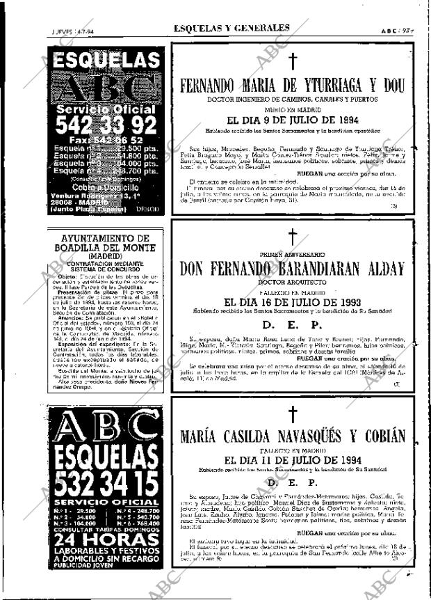 Esquelas Canal 7 Costa Rica Periodico Abc Madrid 14 07 1994 Portada Archivo Abc