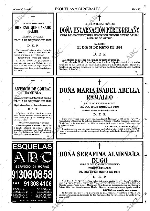 Esquelas Canal 7 Costa Rica Periodico Abc Madrid 27 06 1999 Portada Archivo Abc