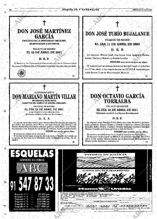 Esquelas Canal 7 Costa Rica Periodico Abc Madrid 25 04 2001 Portada Archivo Abc