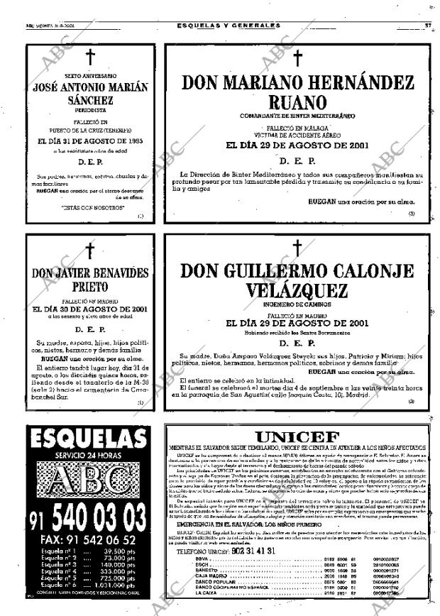 Esquelas Canal 7 Costa Rica Periodico Abc Madrid 31 08 2001 Portada Archivo Abc
