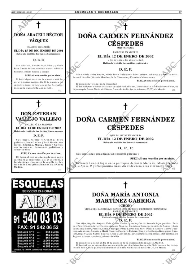 Esquelas Canal 7 Costa Rica Periodico Abc Madrid 18 01 2002 Portada Archivo Abc
