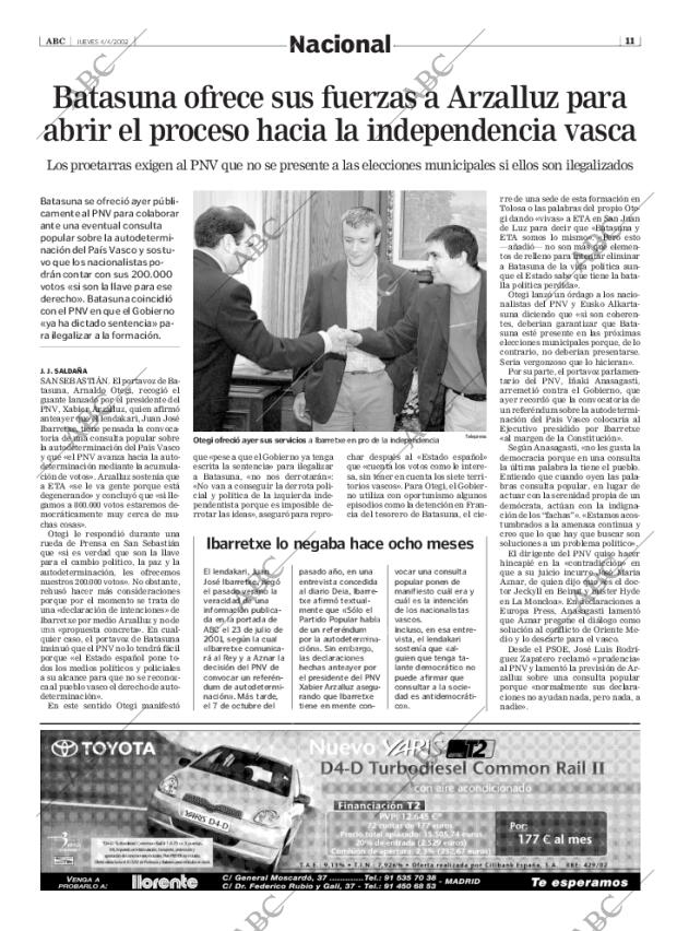 Periodico Abc Madrid 04 04 2002 Portada Archivo Abc