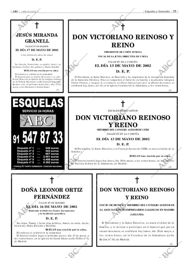 Esquelas Canal 7 Costa Rica Periodico Abc Madrid 20 05 2002 Portada Archivo Abc