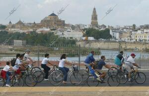 Varios ciclistas por la ciudad en el día mundial sin coches