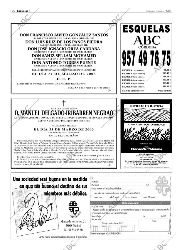 Esquelas Canal 7 Costa Rica Periodico Abc Cordoba 02 04 2003 Portada Archivo Abc