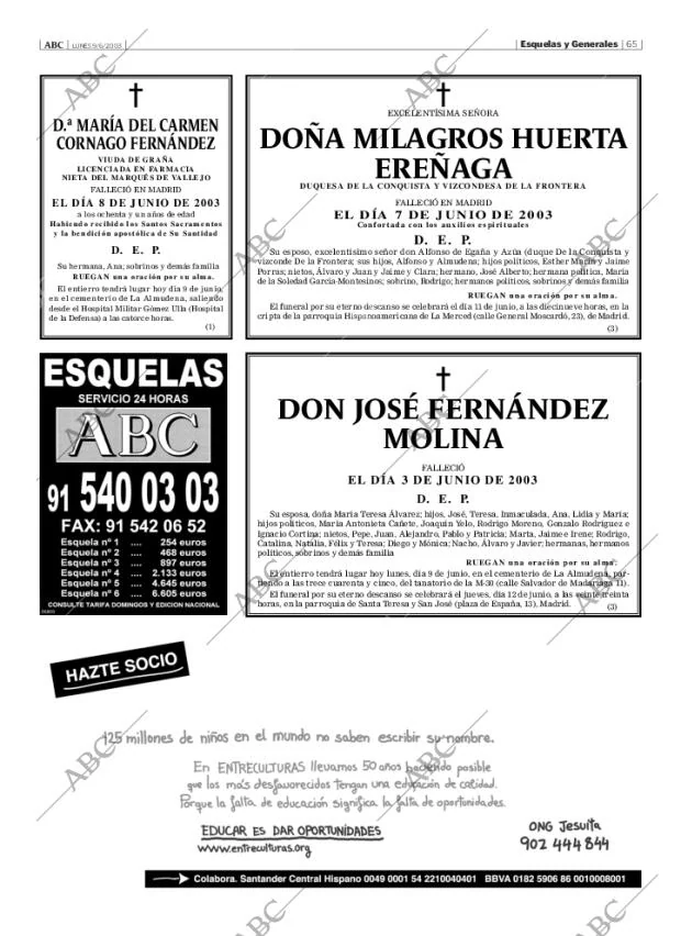 Esquelas Canal 7 Costa Rica Periodico Abc Madrid 09 06 2003 Portada Archivo Abc
