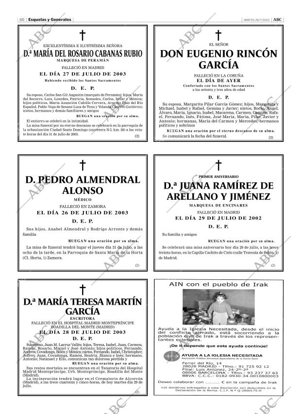 Esquelas Canal 7 Costa Rica Periodico Abc Madrid 29 07 2003 Portada Archivo Abc