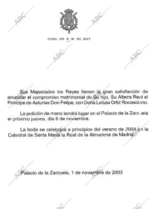 MD25 MADRID, 1-11-Comunicado de la Casa Real en el que anuncia el compromiso...
