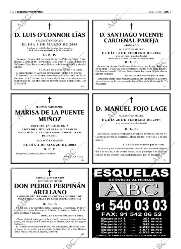 Esquelas Canal 7 Costa Rica Periodico Abc Madrid 04 03 2004 Portada Archivo Abc