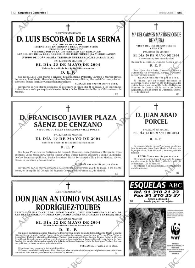 Esquelas Canal 7 Costa Rica Periodico Abc Madrid 24 05 2004 Portada Archivo Abc