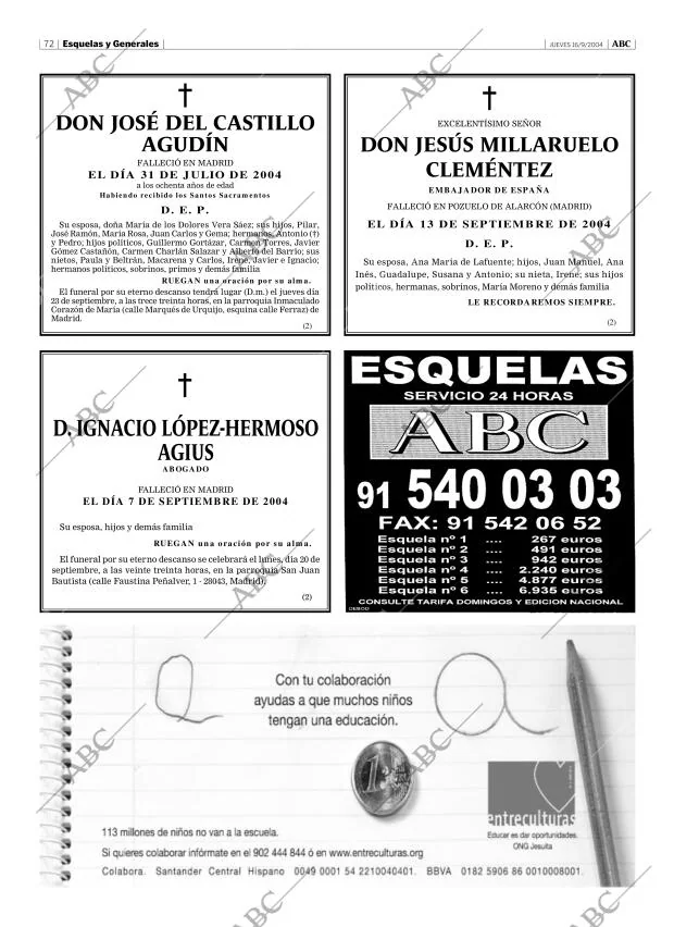 Esquelas Canal 7 Costa Rica Periodico Abc Madrid 16 09 2004 Portada Archivo Abc