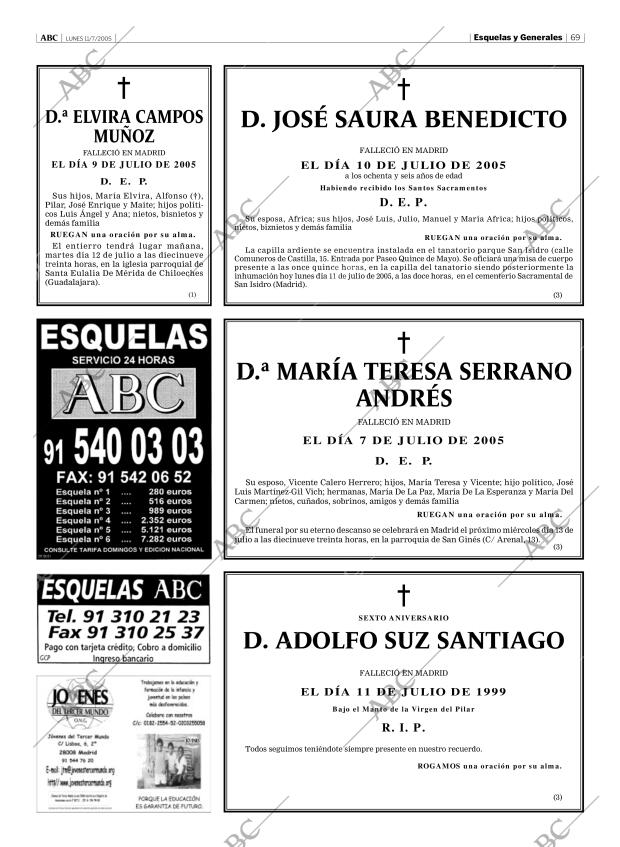 Esquelas Canal 7 Costa Rica Periodico Abc Madrid 11 07 2005 Portada Archivo Abc