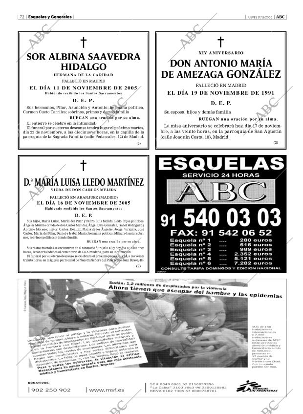 Esquelas Canal 7 Costa Rica Periodico Abc Madrid 17 11 2005 Portada Archivo Abc