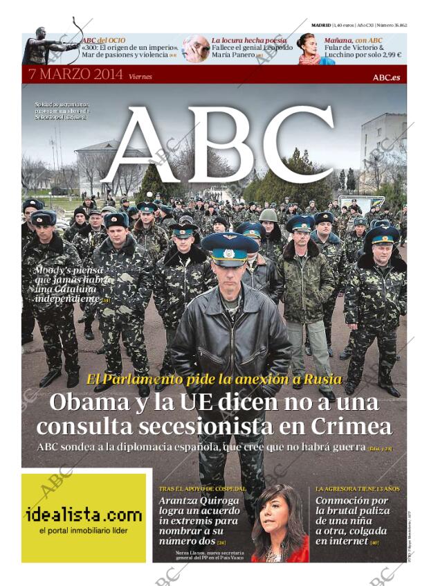 Periódico ABC MADRID 07-03-2014,portada - Archivo ABC