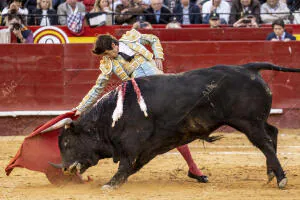 En la imagen, Sebastián Castella con el quinto toro de la tarde al que cortó dos...