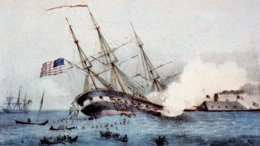 Ilustración que muestra el hundimiento del «Cumberland» por parte del Virginia