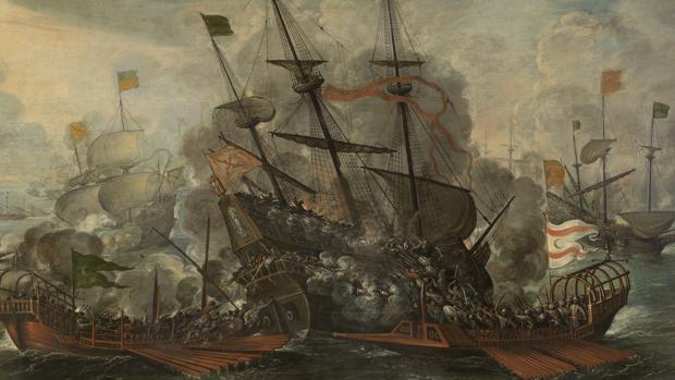 Combate naval y turcos saltando al abordaje, por Juan de la Corte