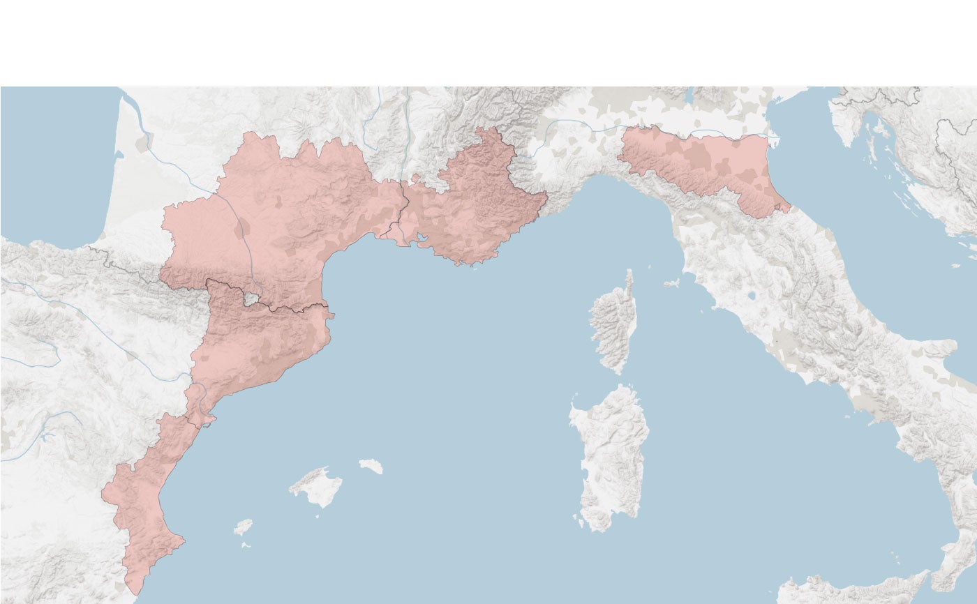 Mapa de regiones propensas a inundaciones por efecto callejón sin salida en el Mediterráneo