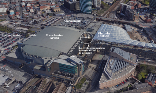 Lugar del atentado de Mánchester. Imagen satelital: Google Earth