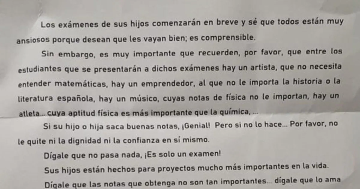 La carta viral de un director a los padres de sus alumnos: «Si no sacan  buenas notas, no les quiten la confianza»