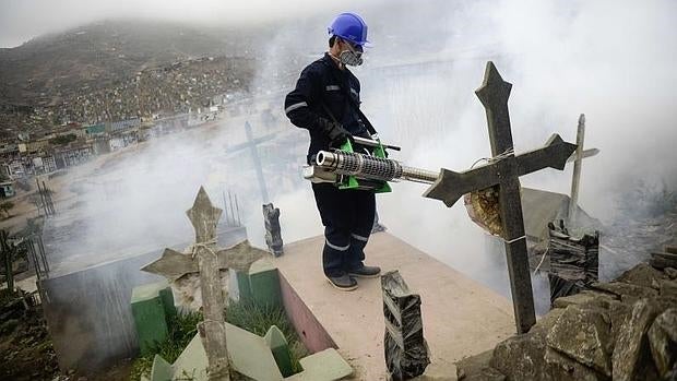 Un especialista fumiga en el cementerio de Nueva Esperanza,a las afueras de Lima, para prevenir el viris Zika y Chikununya